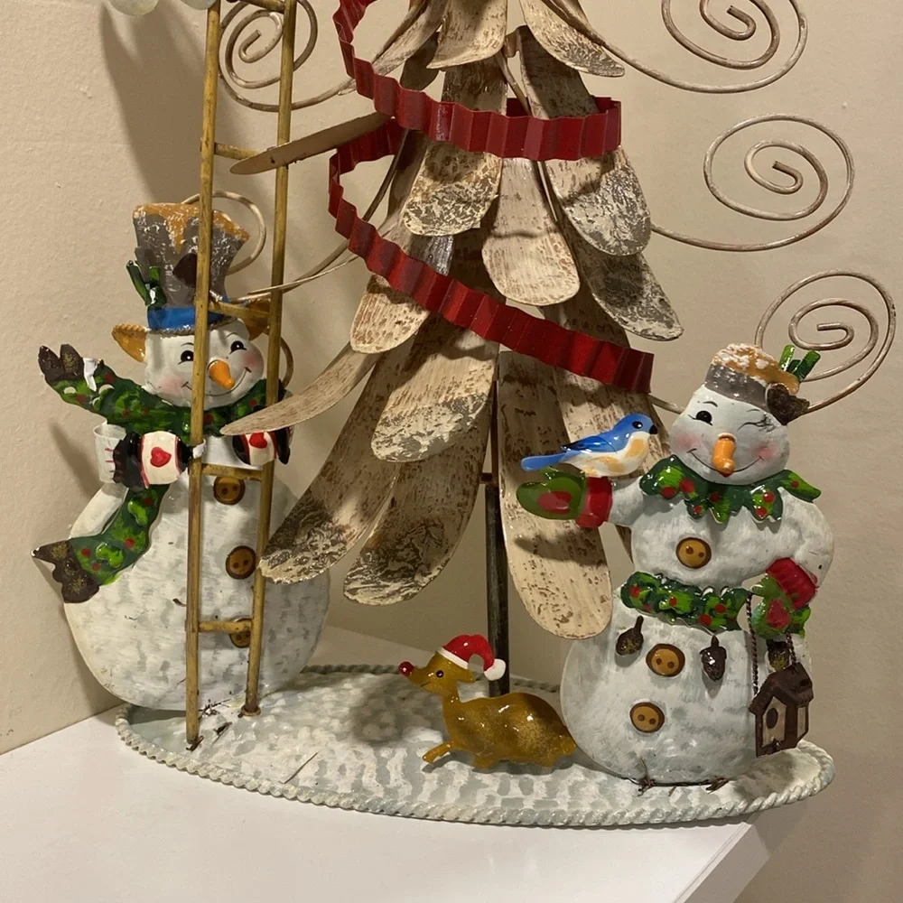 Vintage Metal Large Christmas Tree, Snowmen, Winter Scape Festive Holiday Decor